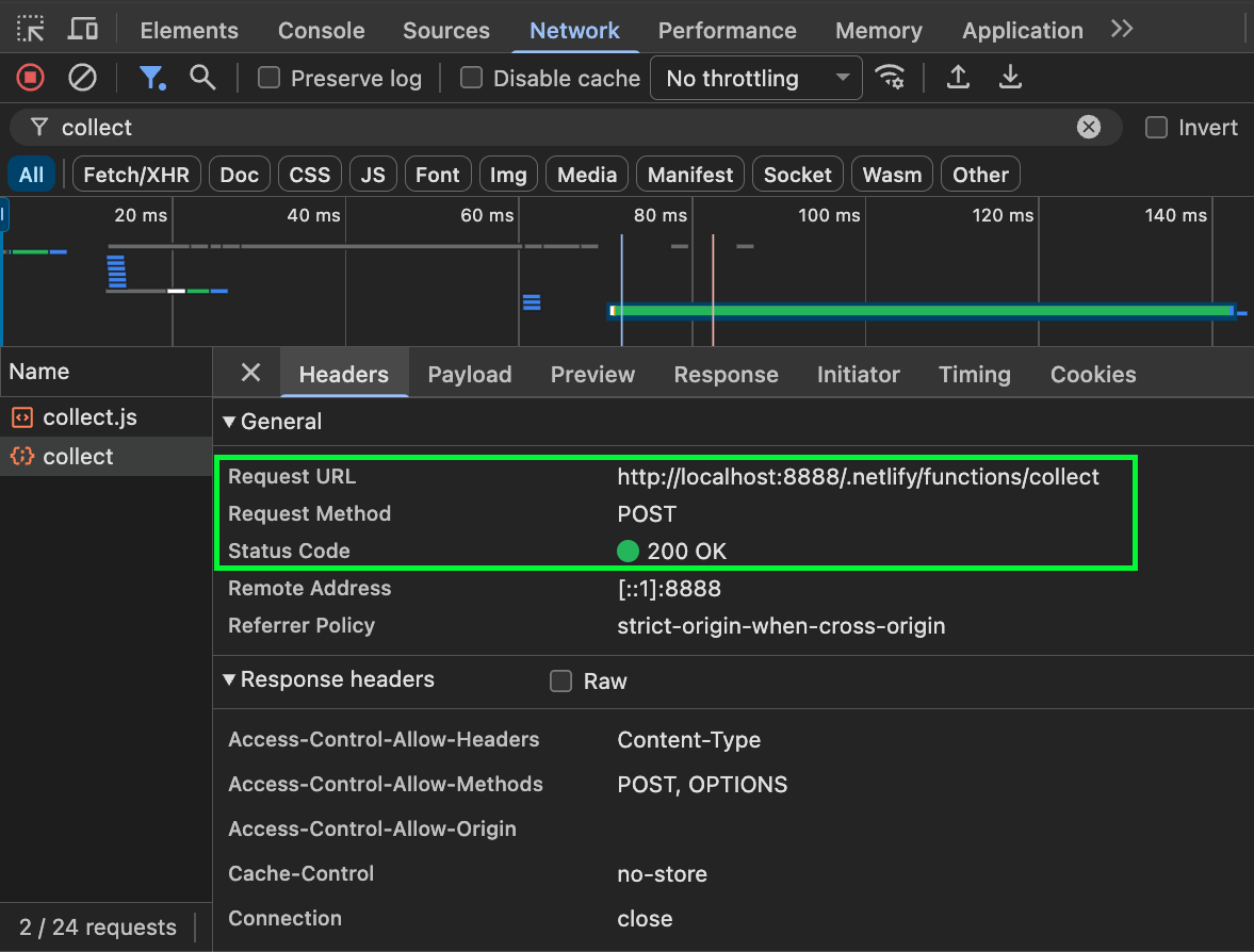 DevTools Network tab showing POST to /.netlify/functions/collect returning 200 OK with response headers