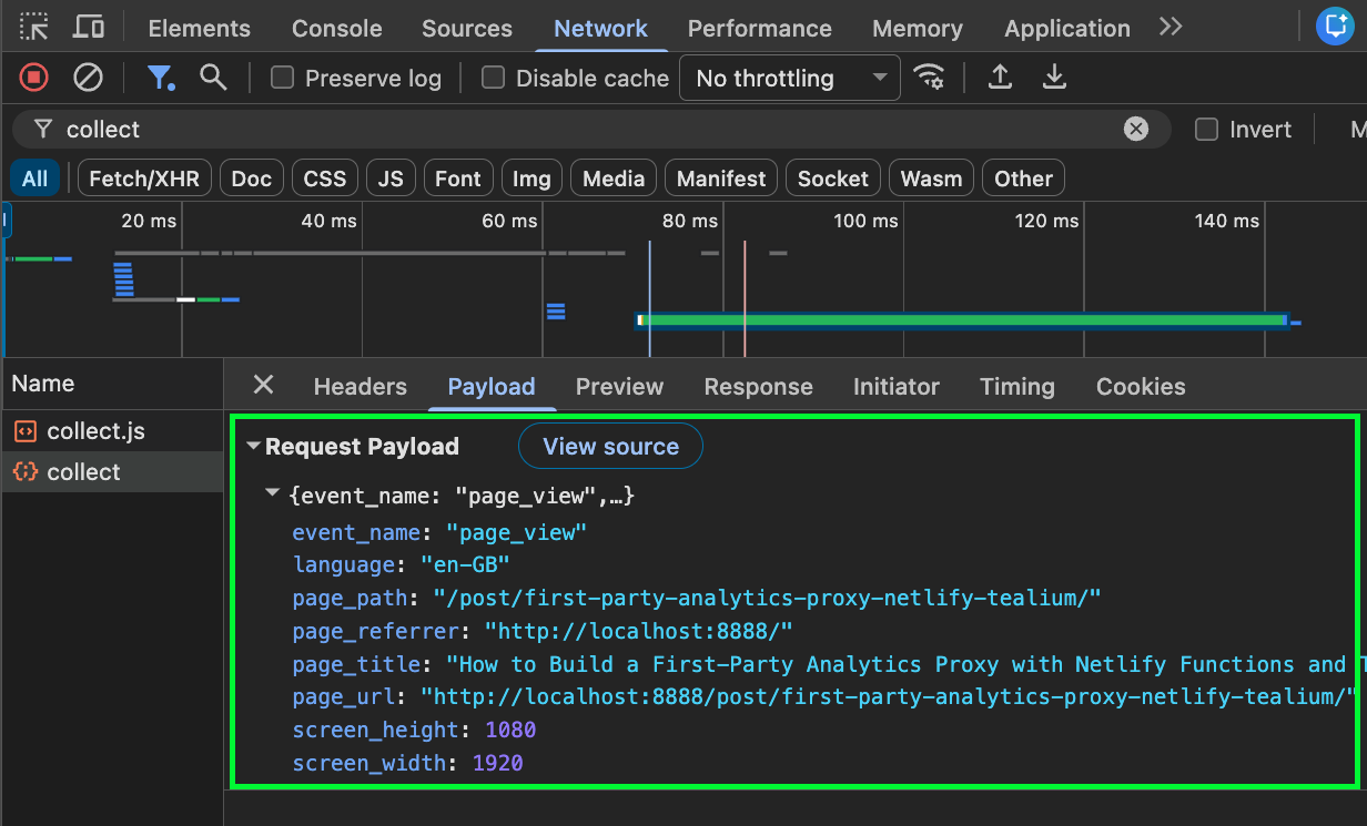 DevTools Payload tab showing the page_view event data including page_url, page_title, and screen dimensions