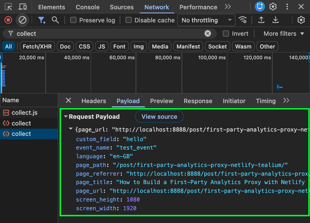 DevTools Payload tab showing the test_event with custom_field alongside standard page context